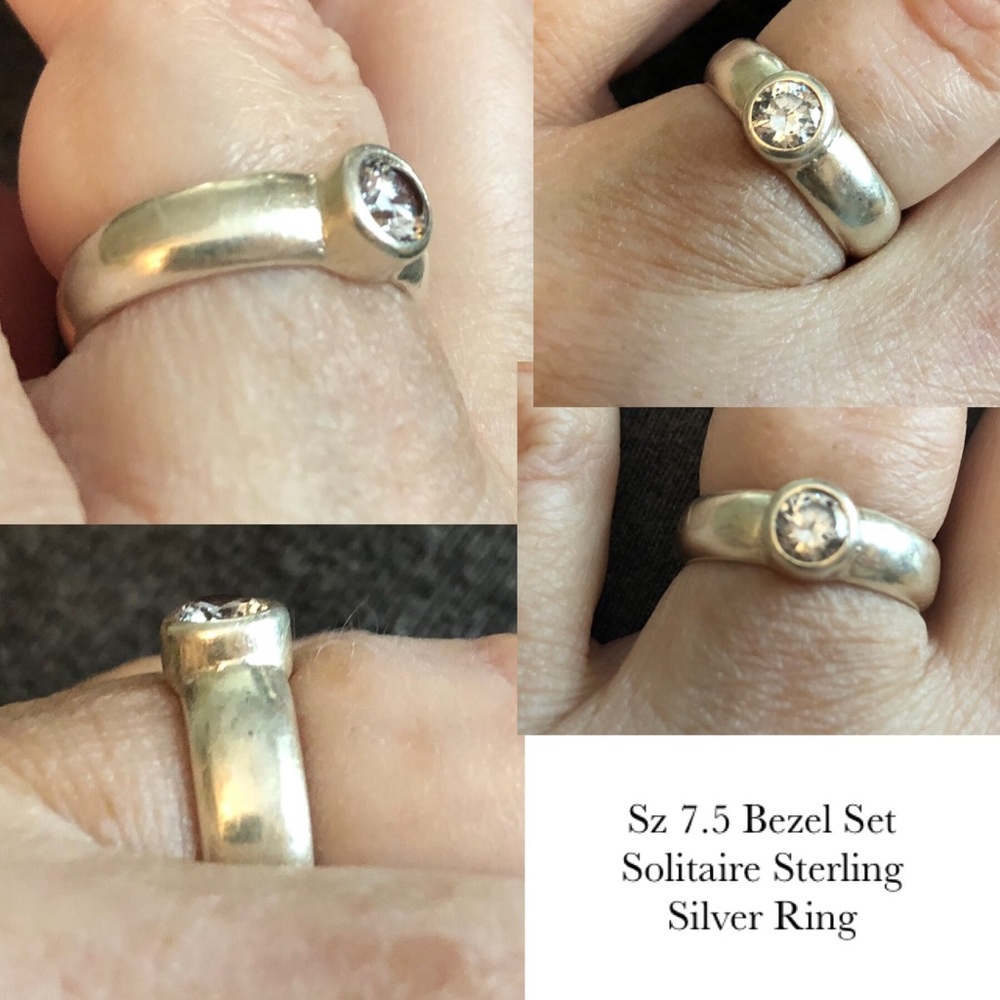 Sz 7.5 sterling silver bezel set solitaire ring